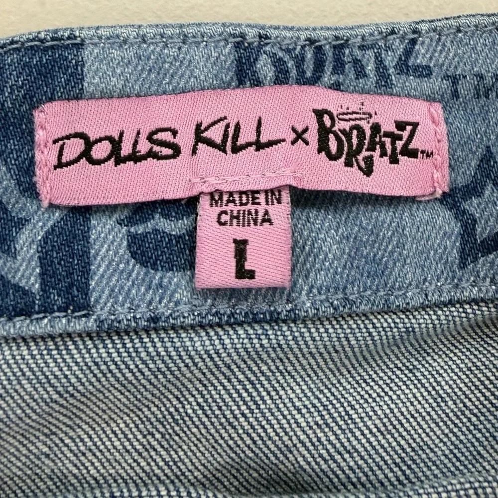 Dolls Kill x Bratz Denim 2 Piece Set Jacket Skirt Faux Fur Blue Checkered Large